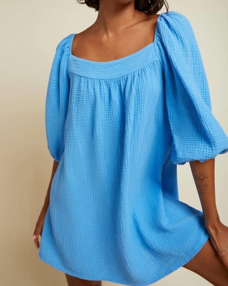 Front of a model wearing a size Large Carter Gauze Mini Dress in Lapis in Lapis by Nation LTD. | dia_product_style_image_id:335992